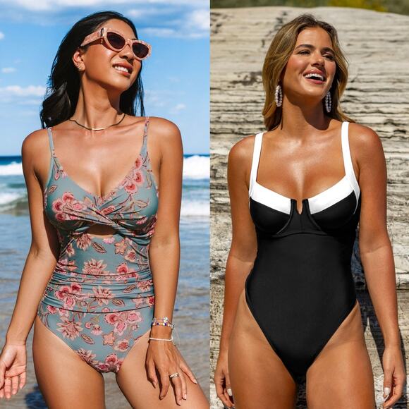 NWT Cupshe Twist Cut-Out Tummy Control & Audrey V-Wire One-Piece Swimsuit SET M - Picture 1 of 11